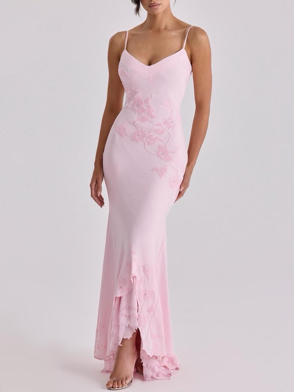 House of CB Anastelle Pink Hand Beaded Embellished Satin Maxi Dress Gown